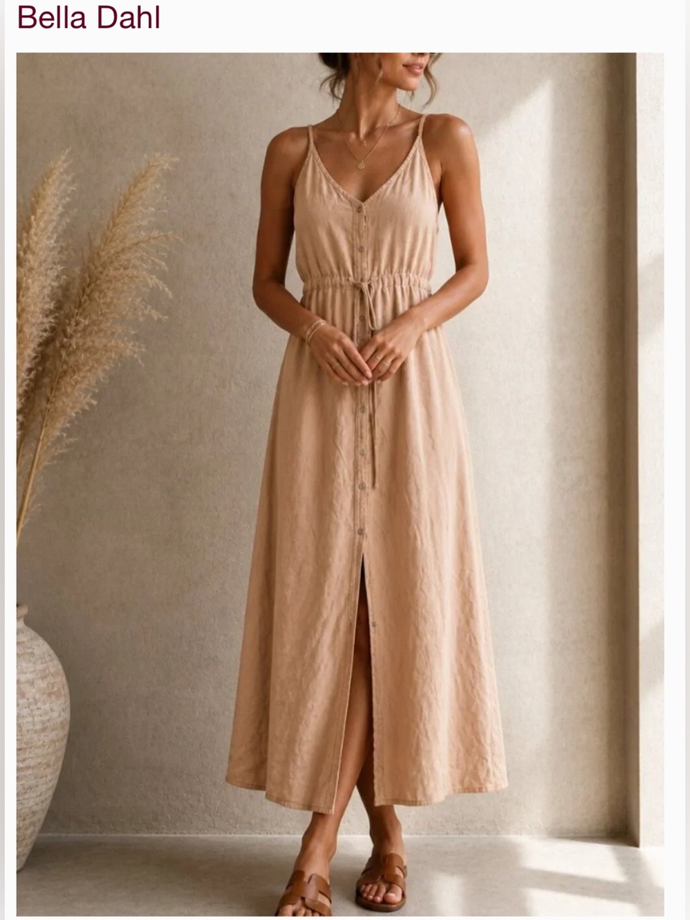 Bella Dahl Rust Light Brown linen Button-Front Maxi Dress with Drawstring Waist